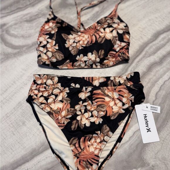 Hurley Women's Tropical Floral Bikini - Black and Tan - Picture 1 of 7